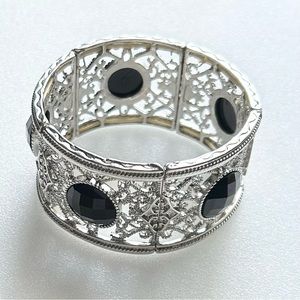 FILIGREE Silver Tone Faceted ACRYLIC Black BEADS Stretch BRACELET 7.5”